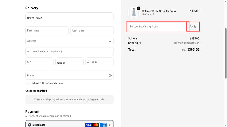 Rebecca Taylor checkout page showing the Discount code or gift card field and Apply button
