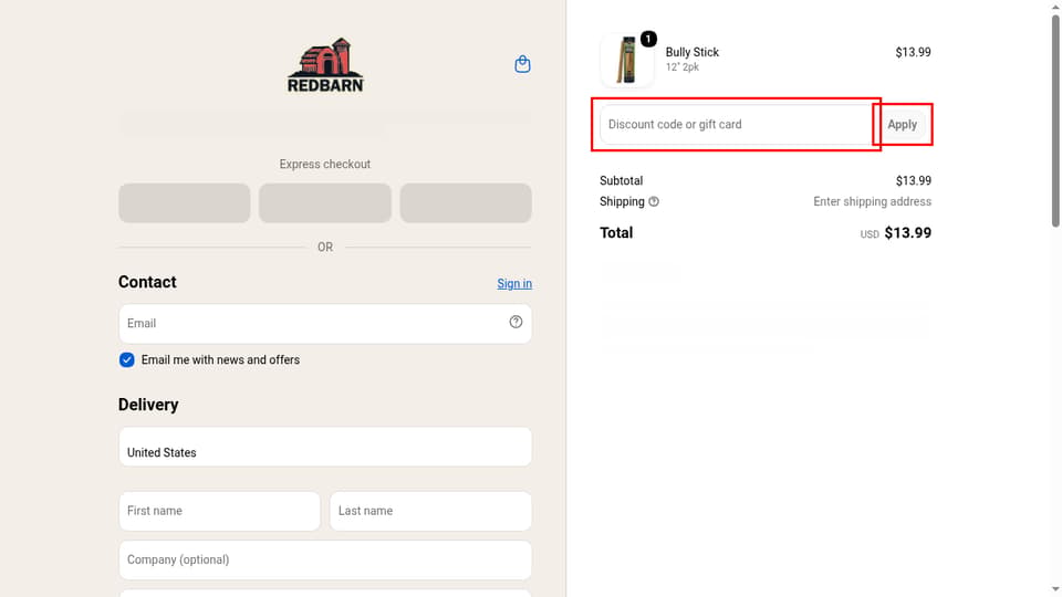 Redbarn Pet Products checkout page showing the Discount code or gift card field and Apply button