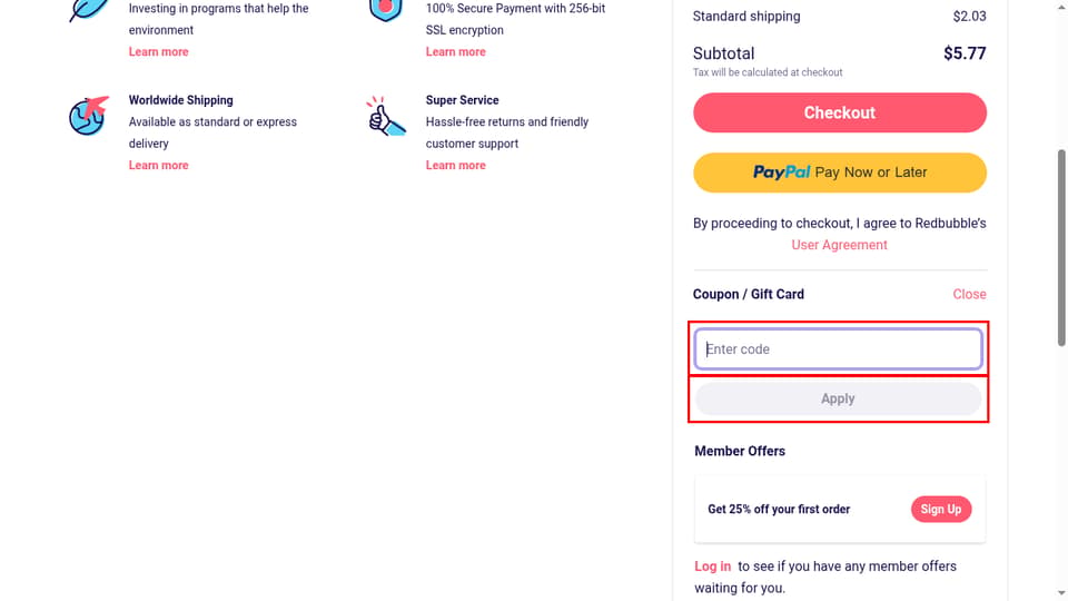 Redbubble checkout page showing the Enter code field and Apply button