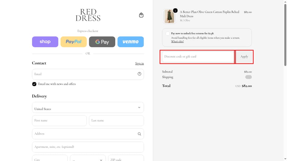 Red Dress checkout page showing the Discount code or gift card field and Apply button