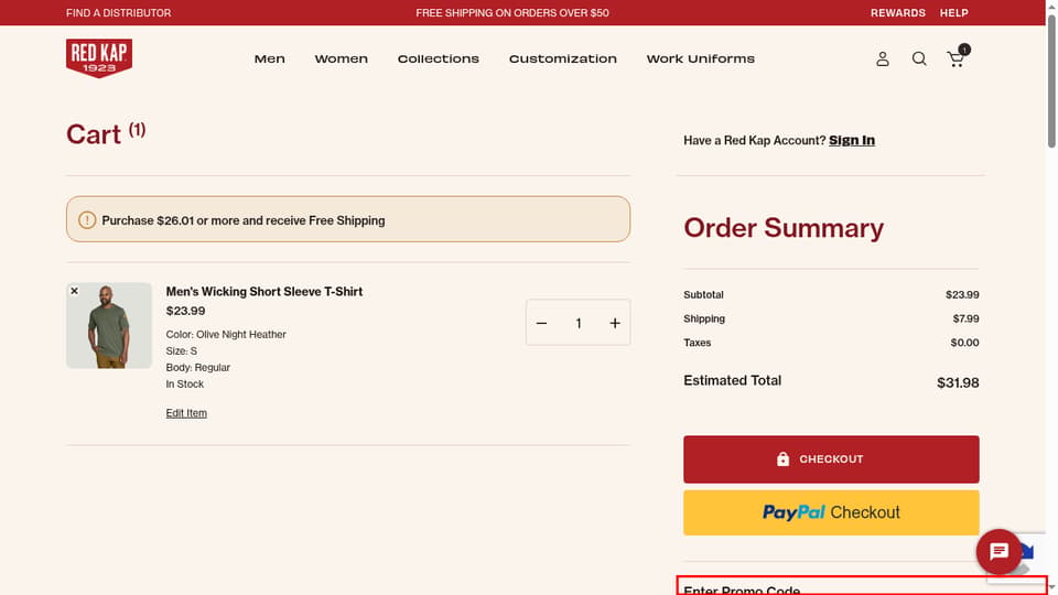 Red Kap checkout page showing the Promo Code field and Apply button