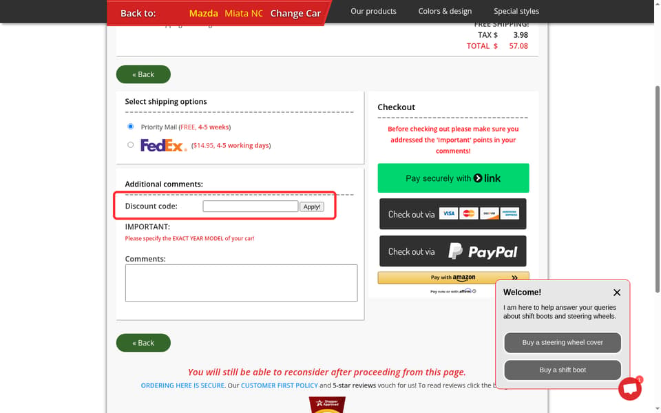 RedlineGoods checkout page showing the Discount code: field and Apply! button
