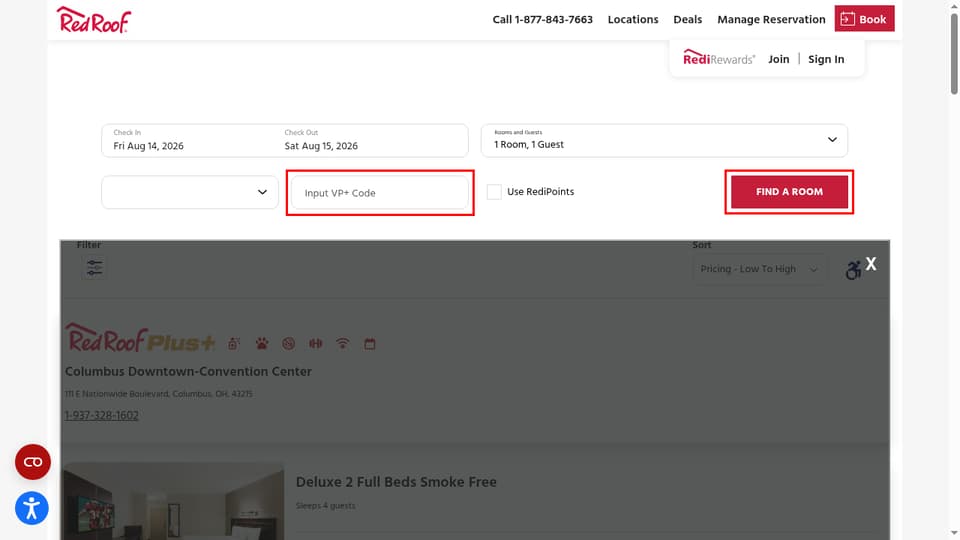Red Roof checkout page showing the Input VP+ Code field and FIND A ROOM button