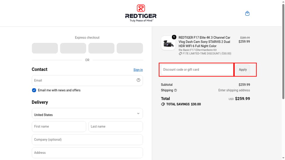 REDTIGER checkout page showing the Discount code or gift card field and Apply button