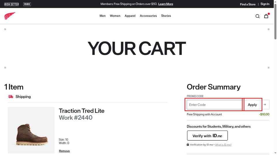 Red Wing Shoes checkout page showing the Enter Code field and Apply button