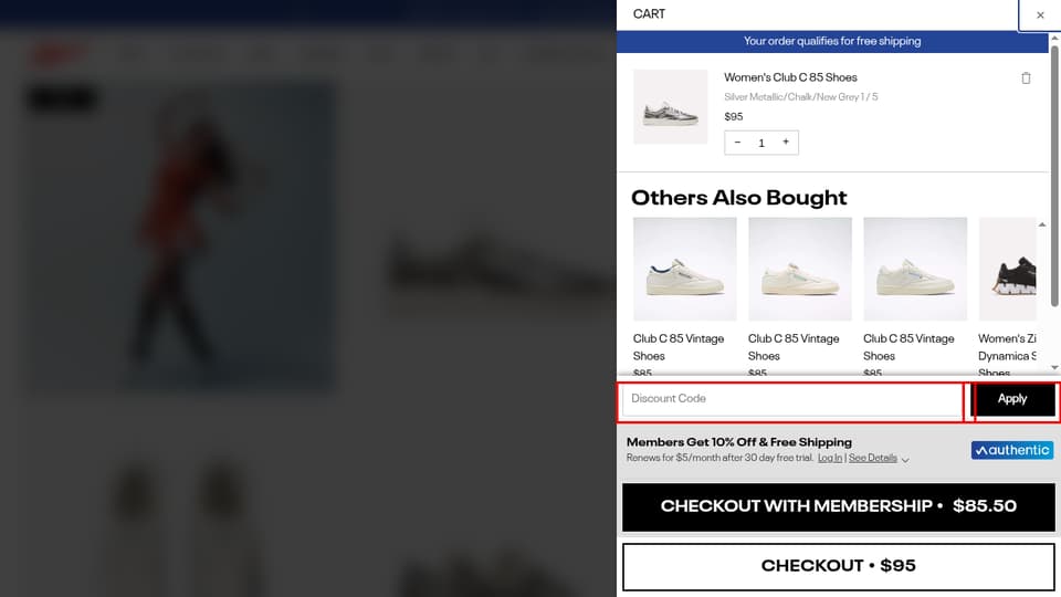 Reebok checkout page showing the Discount Code field and Apply button