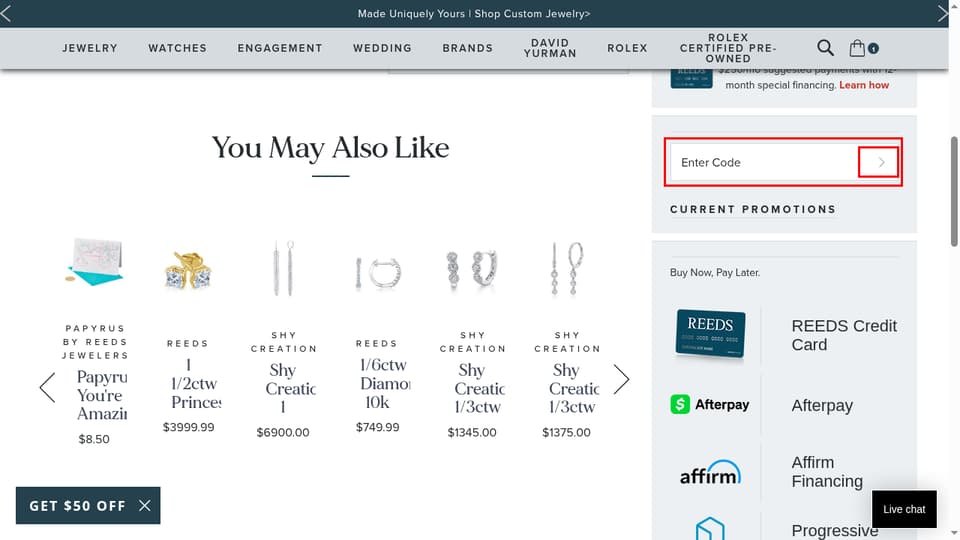REEDS Jewelers checkout page showing the Enter code field and Apply button