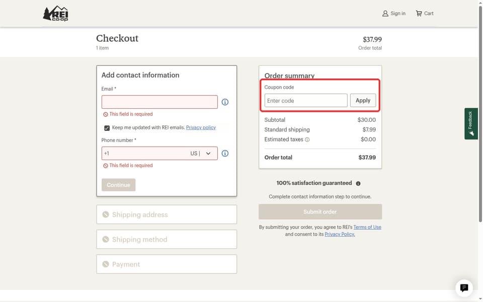 REI checkout page showing the Enter code field and Apply button