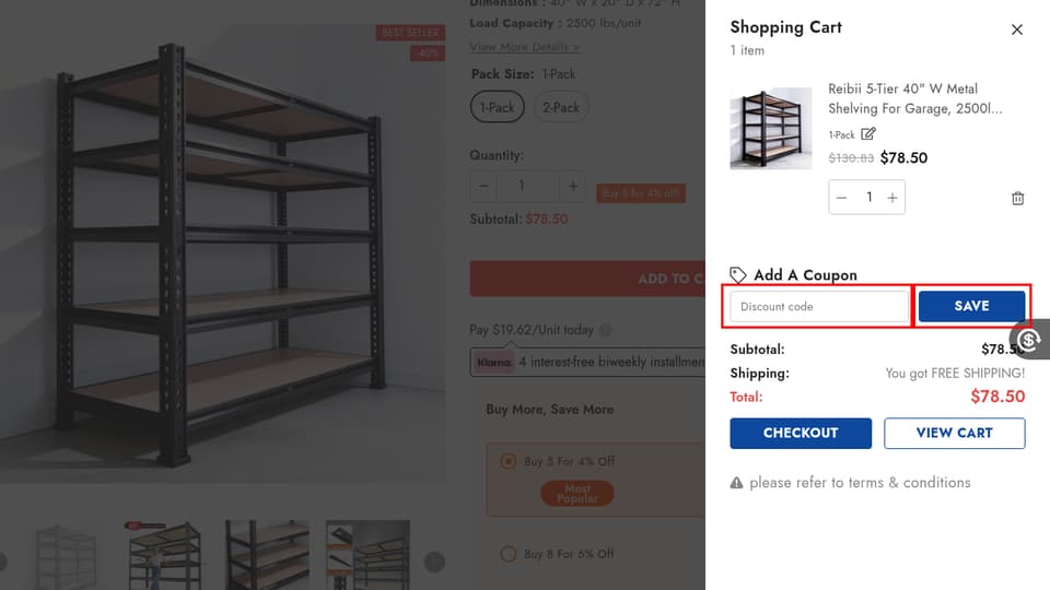 Reibii checkout page showing the Discount code field and Save button