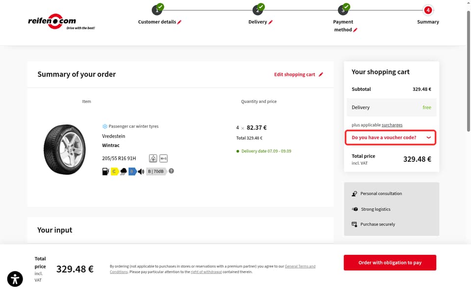reifen.com checkout page showing the Voucher code field and Apply button
