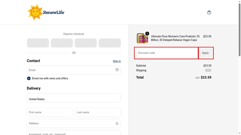 ReNew Life checkout page showing the Discount code field and Apply button
