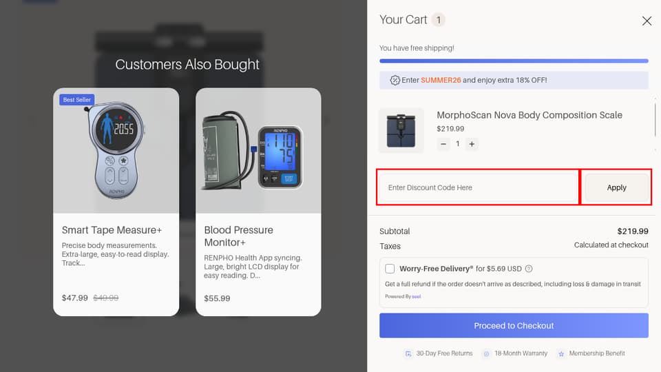 RENPHO checkout page showing the Enter Discount Code Here field and Apply button