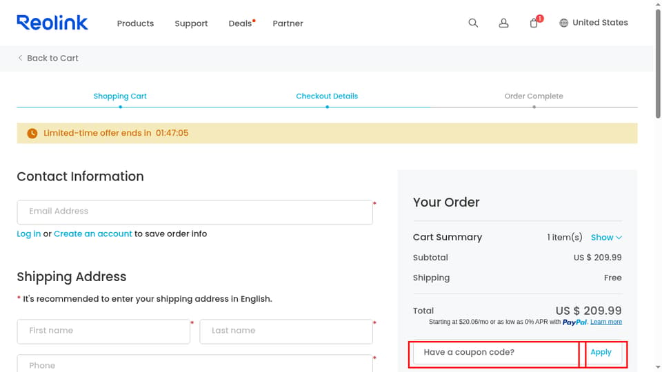 Reolink checkout page showing the Have a coupon code? field and Apply button