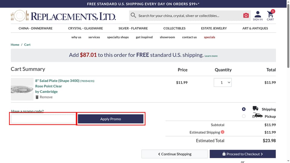 Replacements Ltd. checkout page showing the add-promo-code field and Apply Promo button