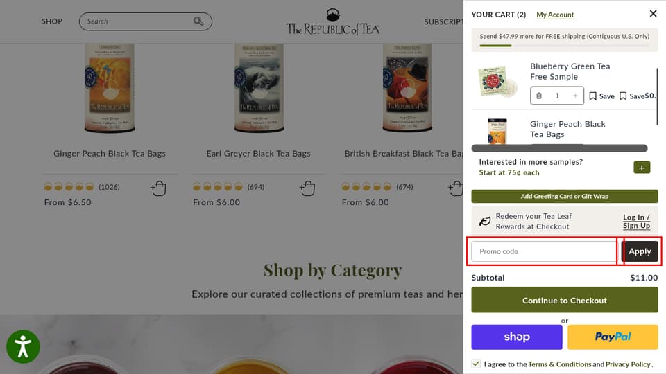 The Republic of Tea checkout page showing the Promo code field and Apply button