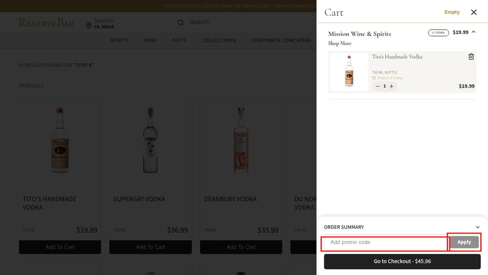 ReserveBar checkout page showing the Add promo code field and Apply button