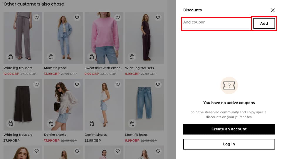 Reserved checkout page showing the Add coupon field and Add button