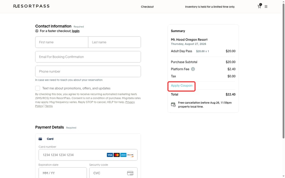 ResortPass checkout page showing the Apply Coupon field and Apply button
