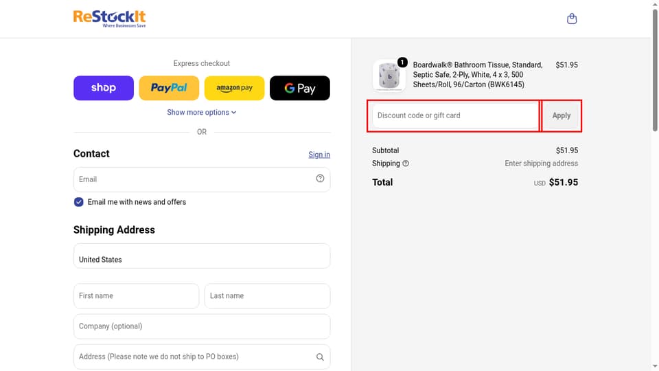 ReStockIt checkout page showing the Discount code or gift card field and Apply button