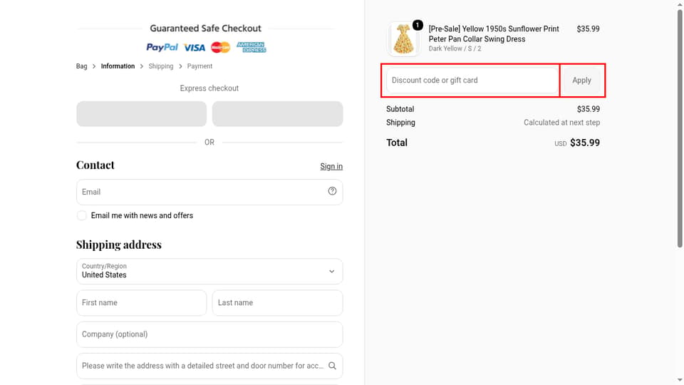 Retro Stage checkout page showing the Discount code or gift card field and Apply button