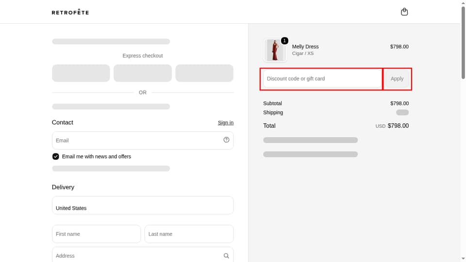 Retrofête checkout page showing the Discount code or gift card field and Apply button