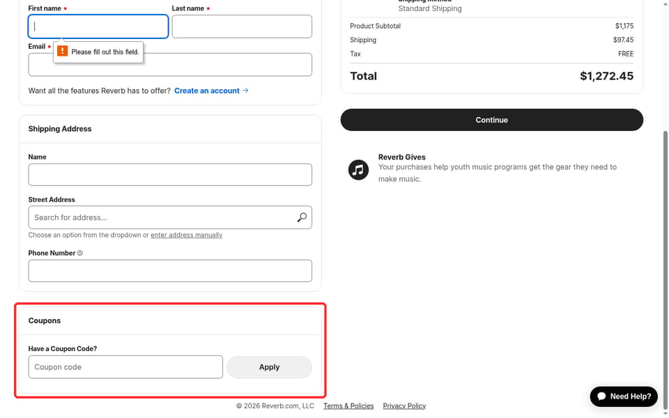 Reverb checkout page showing the Coupon code field and Apply button