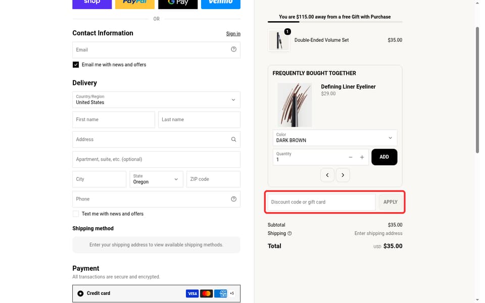 RevitaLash Cosmetics checkout page showing the Discount code or gift card field and Apply button