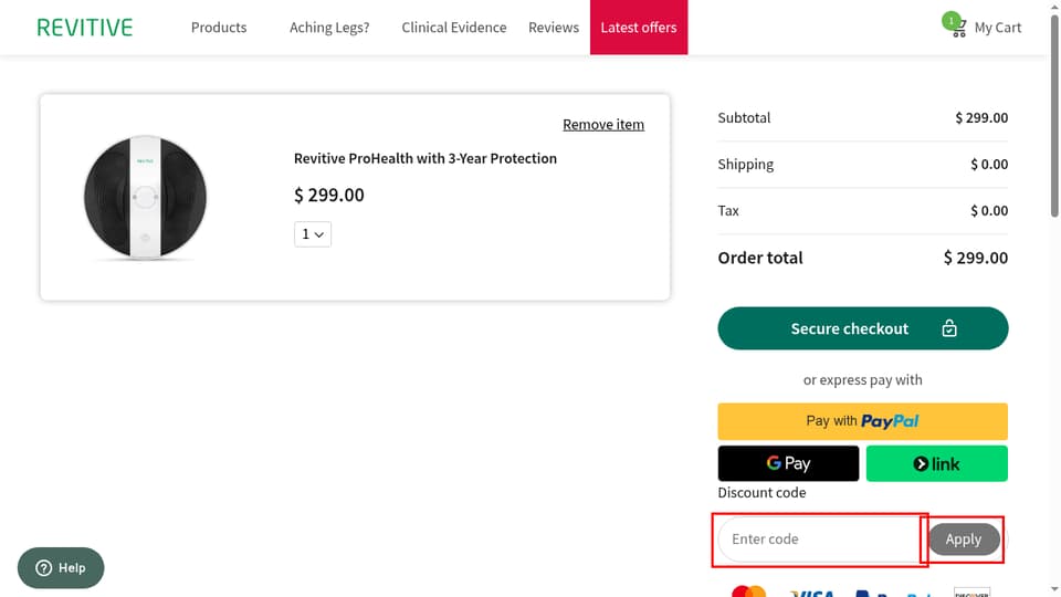Revitive checkout page showing the Enter code field and Apply button