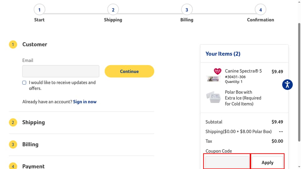 Revival Animal Health checkout page showing the Gift Certificate or Coupon Code field and Apply button