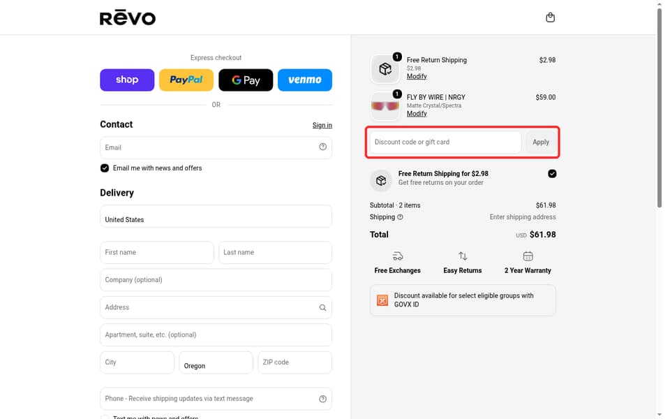 Revo checkout page showing the Discount code or gift card field and Apply button