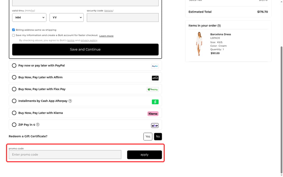 REVOLVE checkout page showing the Enter promo code field and apply button