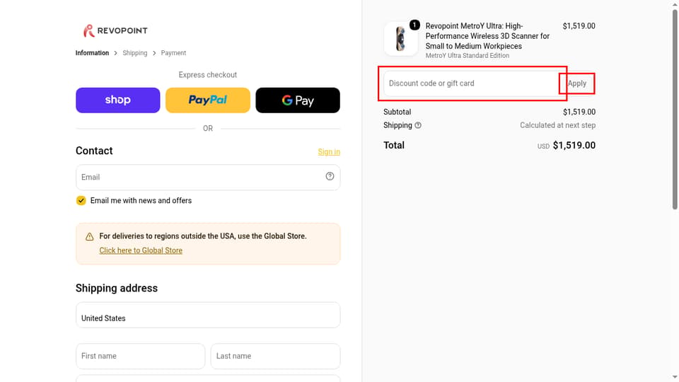 Revopoint checkout page showing the Discount code or gift card field and Apply button