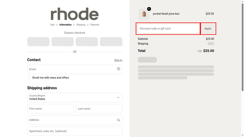 rhode checkout page showing the Discount code or gift card field and Apply button