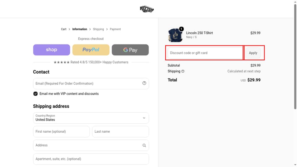 Rhythm & Beat checkout page showing the Discount code or gift card field and Apply button