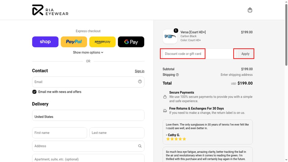 RIA Eyewear checkout page showing the Discount code or gift card field and Apply button