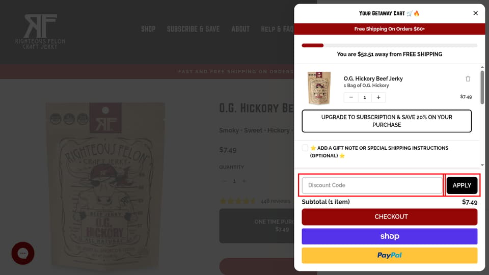 Righteous Felon checkout page showing the Discount Code field and APPLY button