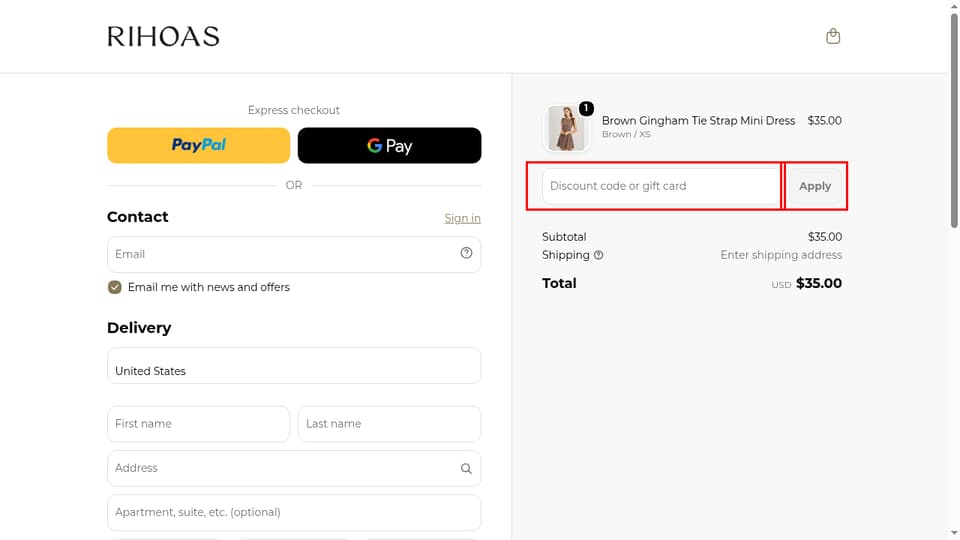RIHOAS checkout page showing the Discount code or gift card field and Apply button