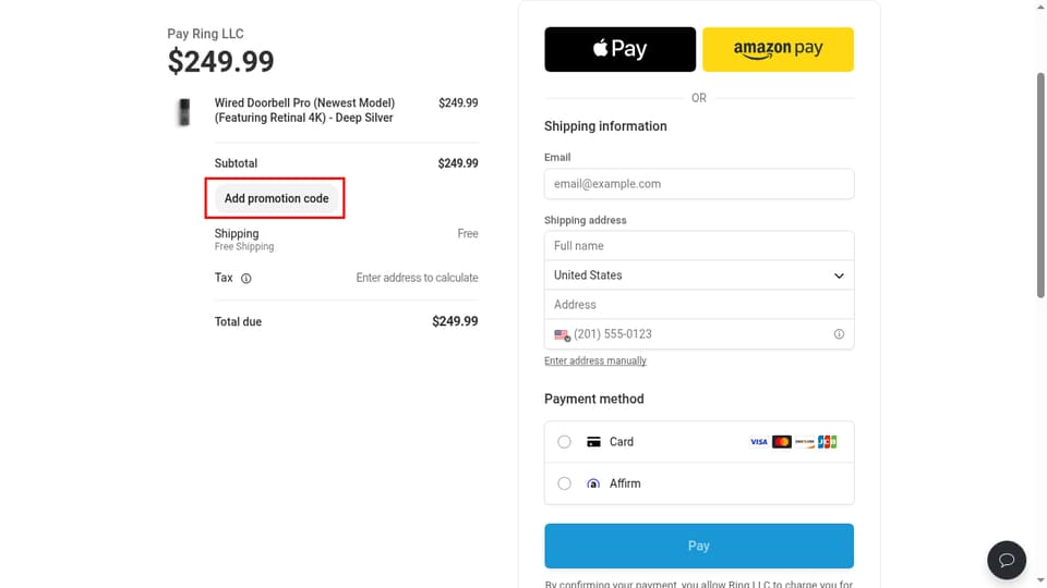 Ring checkout page showing the Promotion code field and Apply button