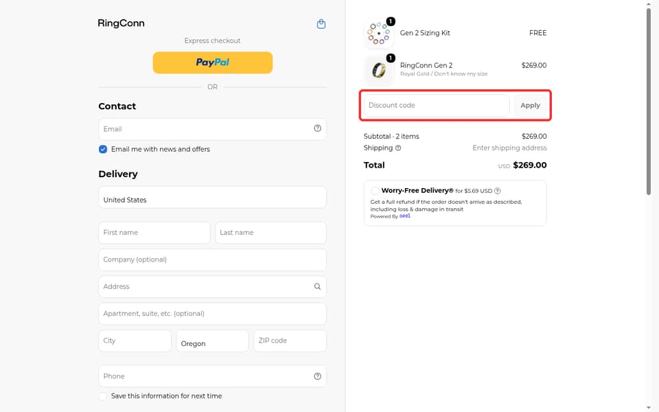 RingConn checkout page showing the Discount code field and Apply button