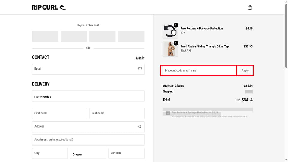 Rip Curl checkout page showing the Discount code or gift card field and Apply button