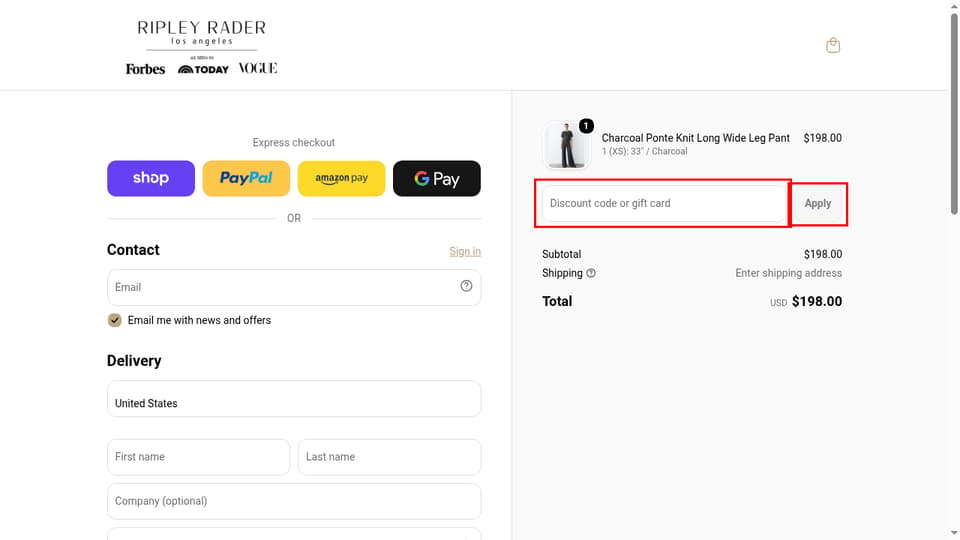 Ripley Rader checkout page showing the Discount code or gift card field and Apply button