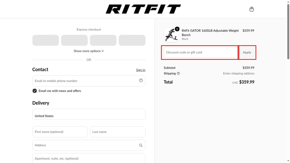 RitFit Sports checkout page showing the Discount code or gift card field and Apply button
