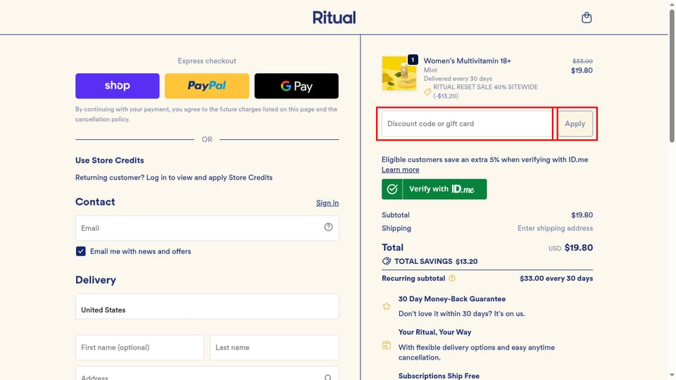 Ritual checkout page showing the Discount code or gift card field and Apply button