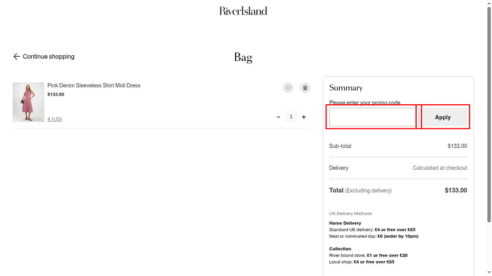River Island checkout page showing the Please enter your promo code field and Apply button