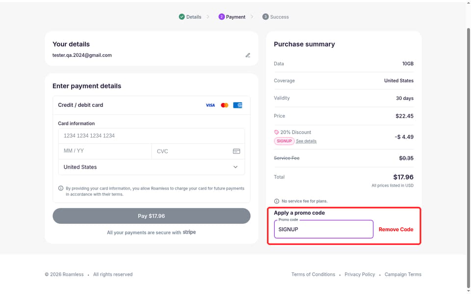 Roamless checkout page showing the Apply a promo code field and Apply button