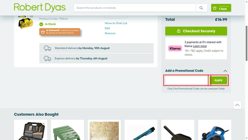 Robert Dyas checkout page showing the Please enter your email field and Apply button