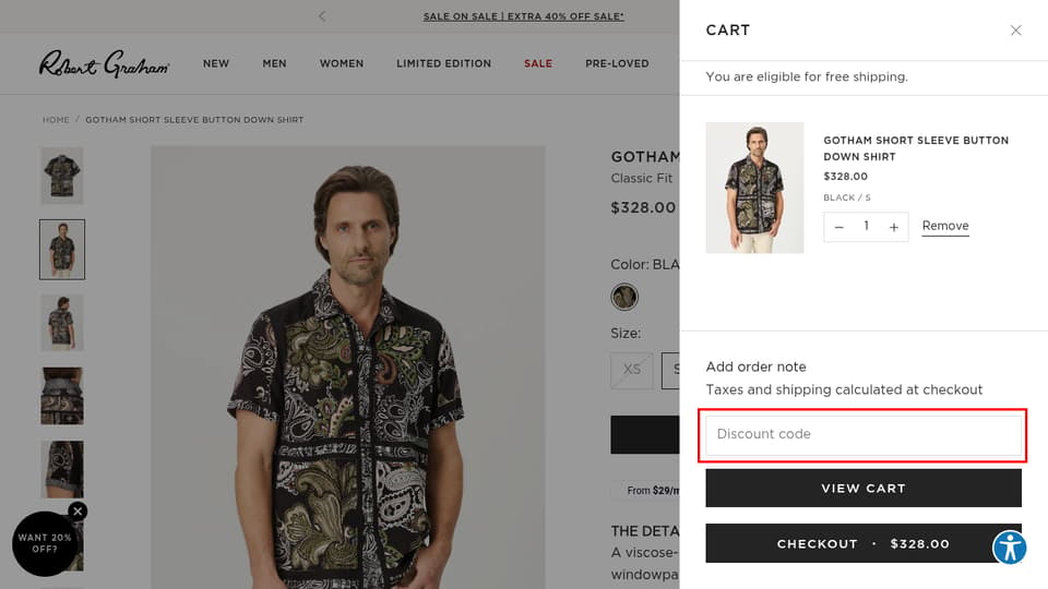 Robert Graham checkout page showing the Discount code field and Apply button