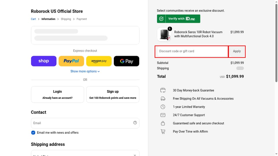 Roborock checkout page showing the Discount code or gift card field and Apply button