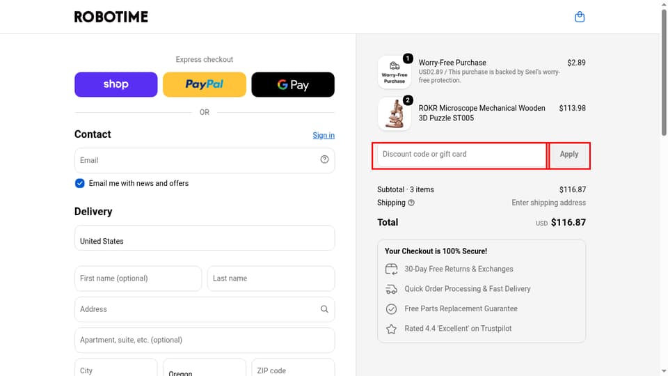 Robotime checkout page showing the Discount code or gift card field and Apply button