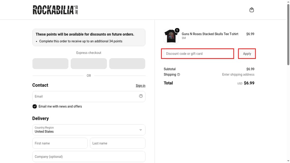 Rockabilia checkout page showing the Discount code or gift card field and Apply button